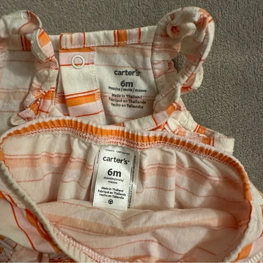 EUC Carter’s 2pc Baby Girl Sun Dress Set, Pink/Orange & White Stripe, 6-9 Months